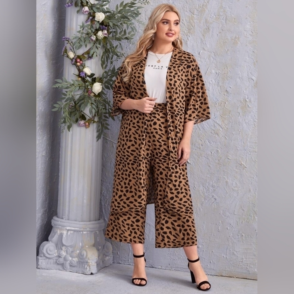 SHEIN Leopard Kimono Blouse Wide Leg Culotte Pants Set Plus 0XL